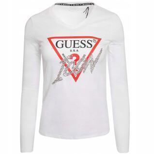 T-Shirt mit V-Ausschnitt und langen Ärmeln, Frau Guess Icon
